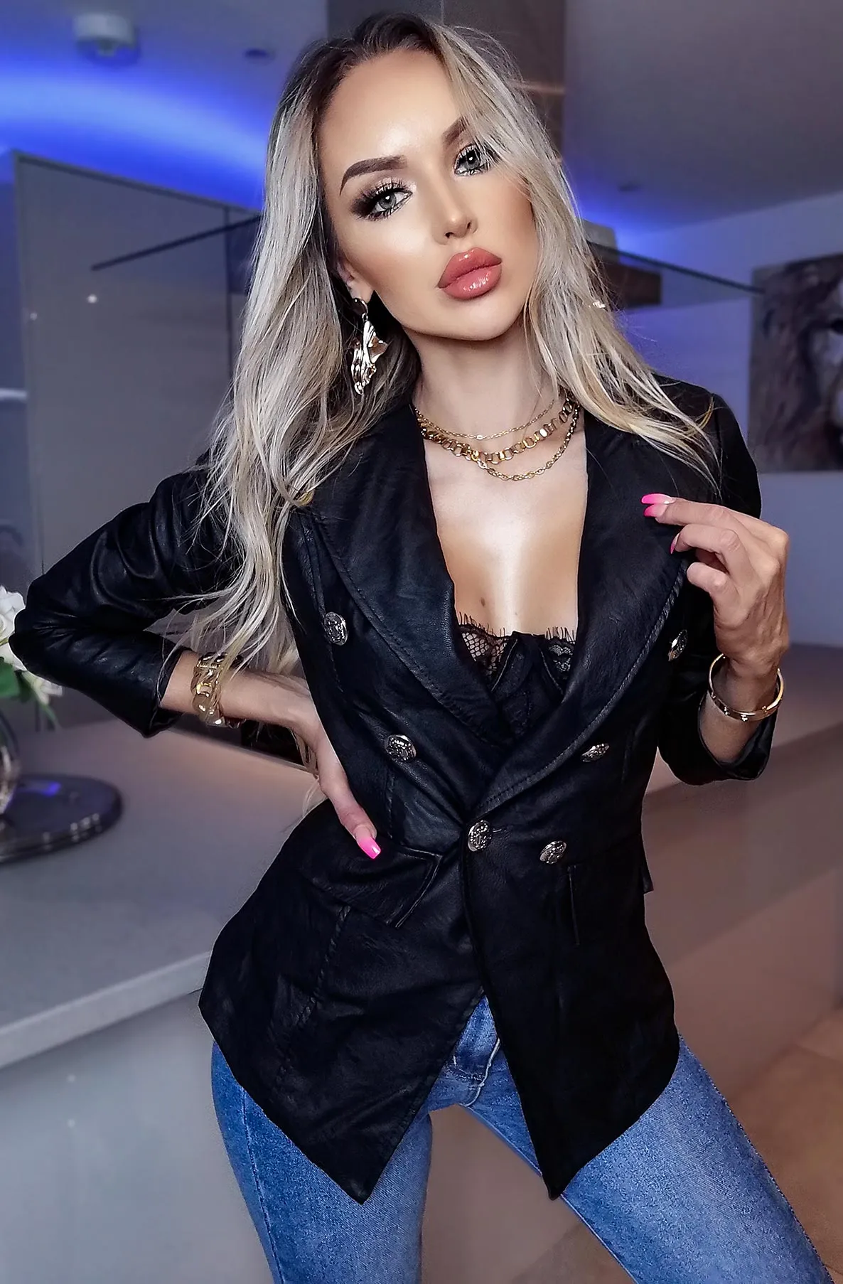 Black Faux Leather Double Breast Button Blazer