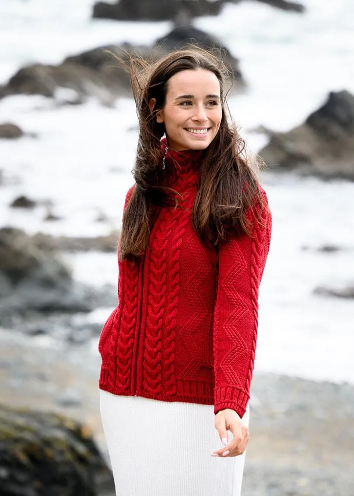 Cable Knit Aran Cardigan | Red - Clearance