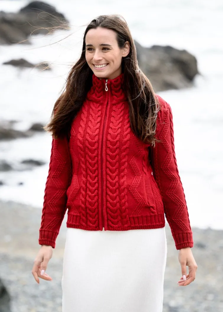 Cable Knit Aran Cardigan | Red - Clearance