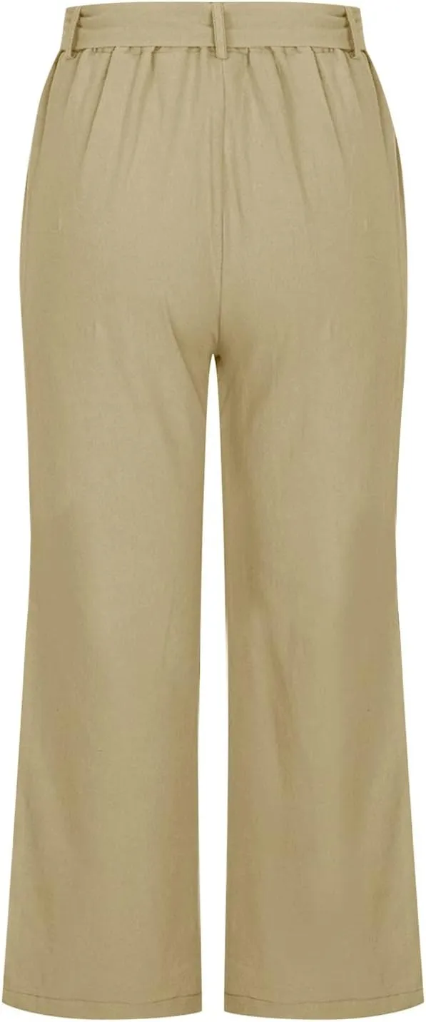 Capri Pants for Women Casual Summer Drawstring Elastic High Waist Linen Pants Straight Leg Plus Size Lounge Capris