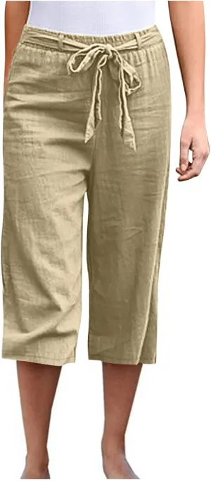 Capri Pants for Women Casual Summer Drawstring Elastic High Waist Linen Pants Straight Leg Plus Size Lounge Capris