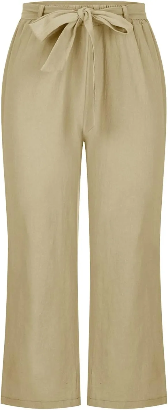 Capri Pants for Women Casual Summer Drawstring Elastic High Waist Linen Pants Straight Leg Plus Size Lounge Capris