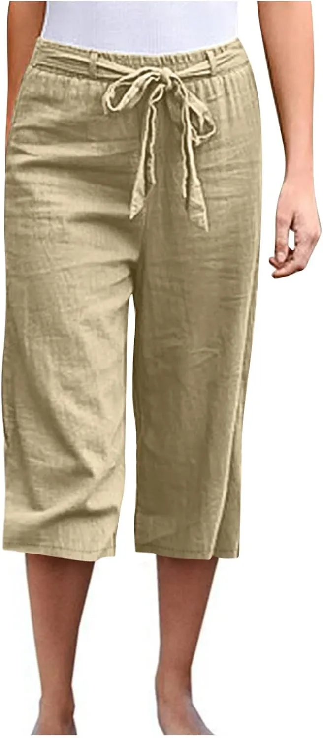 Capri Pants for Women Casual Summer Drawstring Elastic High Waist Linen Pants Straight Leg Plus Size Lounge Capris