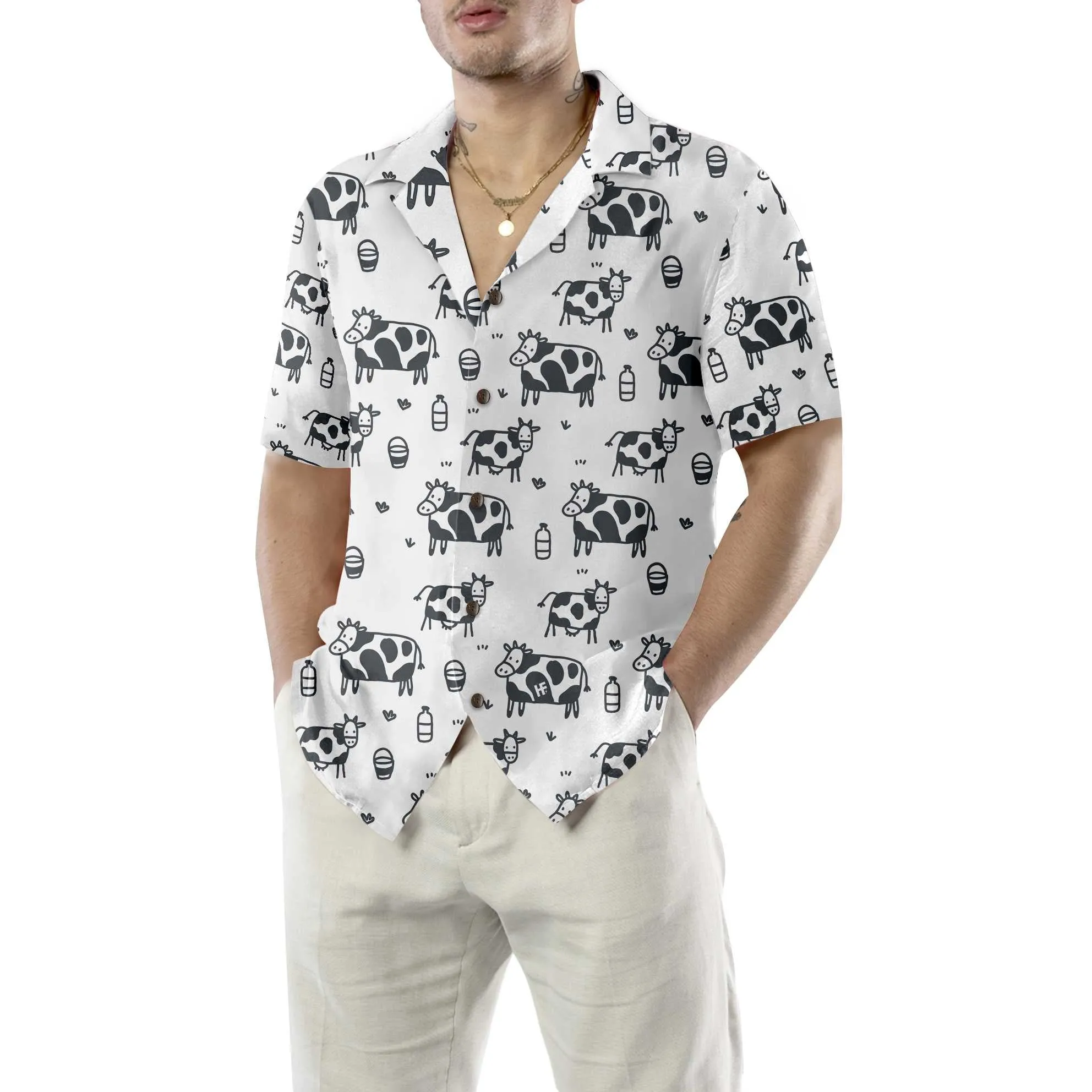 Cartoon Cow Hawaiian Shirt, Funny Cow Print Button Up Shirt For Men & Women
