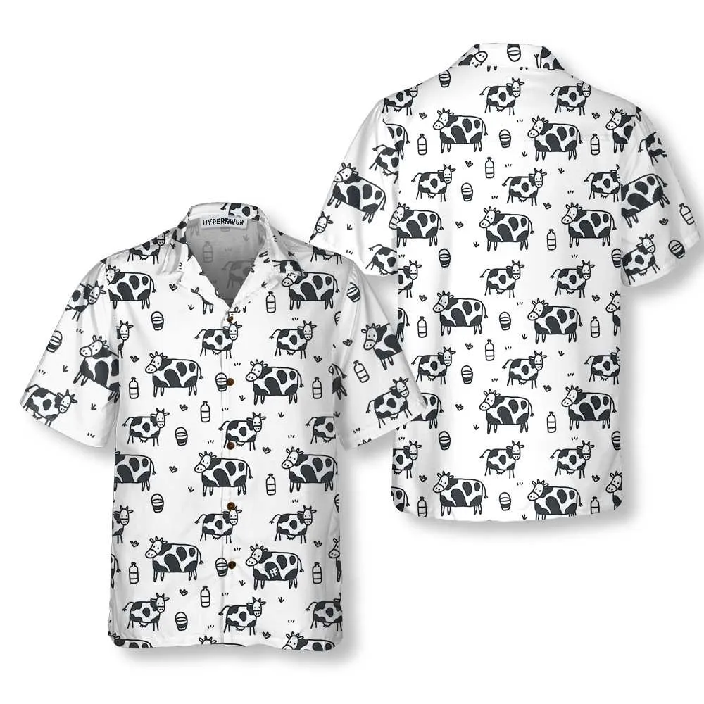 Cartoon Cow Hawaiian Shirt, Funny Cow Print Button Up Shirt For Men & Women