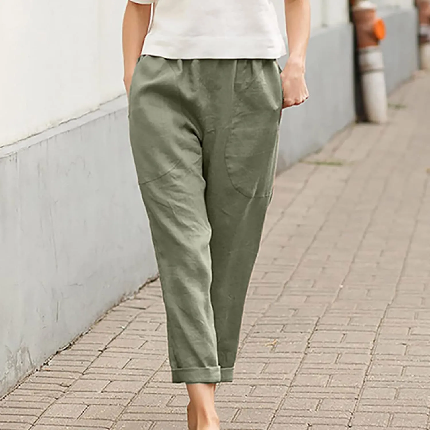 Cotton Linen Trouser for Women Casual Elastic Waist Pants Summer Loose Fit Beach Vacation with Big Pockets