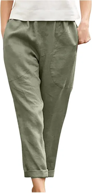Cotton Linen Trouser for Women Casual Elastic Waist Pants Summer Loose Fit Beach Vacation with Big Pockets
