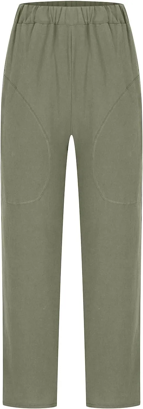 Cotton Linen Trouser for Women Casual Elastic Waist Pants Summer Loose Fit Beach Vacation with Big Pockets