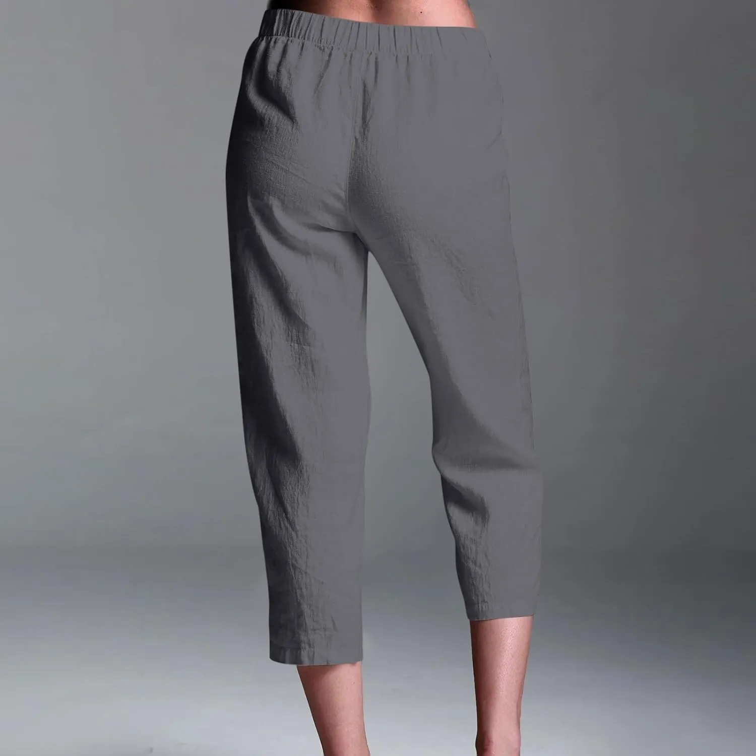Cropped Trousers for Women Cotton Linen Capri Pants Elasticated Waist Wide Leg Trouser Summer Pant Plain Baggy Capris