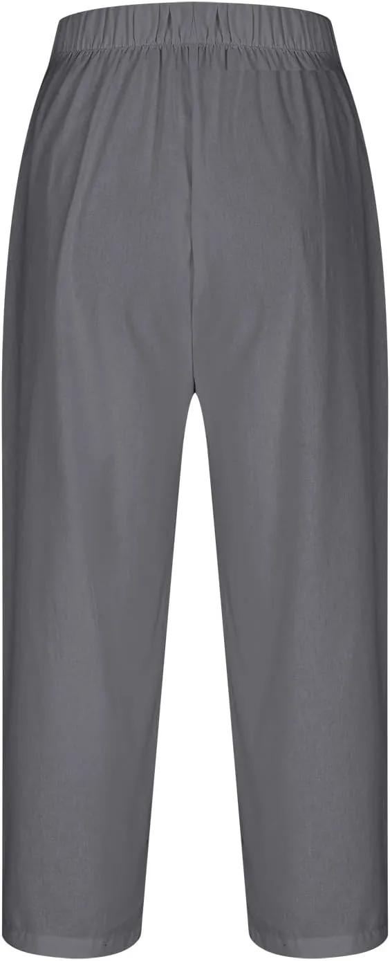 Cropped Trousers for Women Cotton Linen Capri Pants Elasticated Waist Wide Leg Trouser Summer Pant Plain Baggy Capris