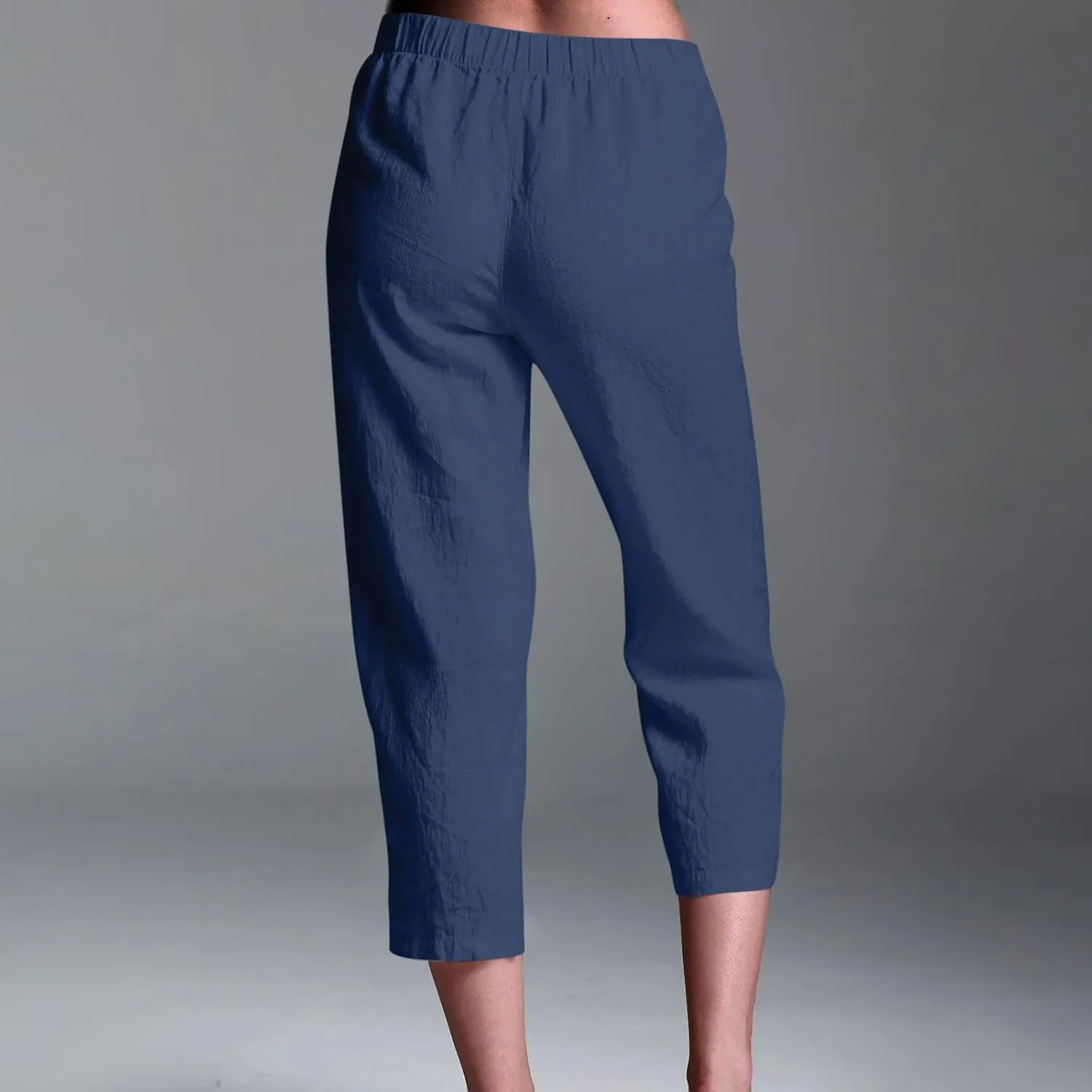 Cropped Trousers for Women Cotton Linen Capri Pants Elasticated Waist Wide Leg Trouser Summer Pant Plain Baggy Capris