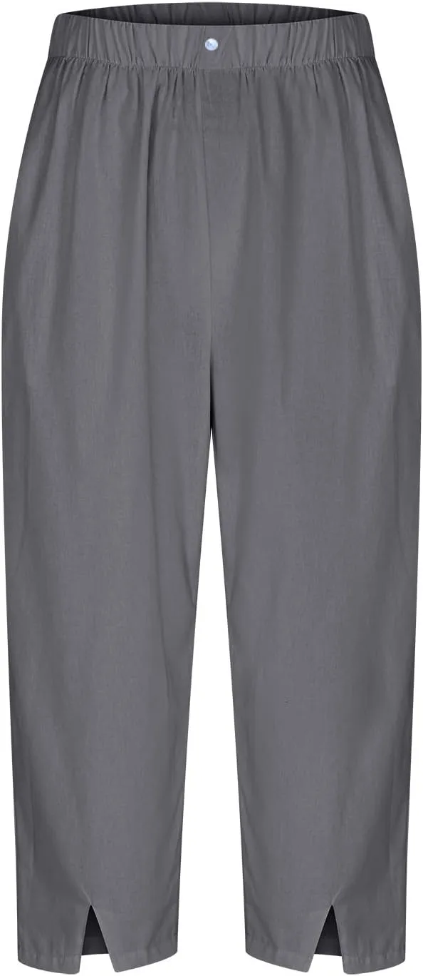 Cropped Trousers for Women Cotton Linen Capri Pants Elasticated Waist Wide Leg Trouser Summer Pant Plain Baggy Capris