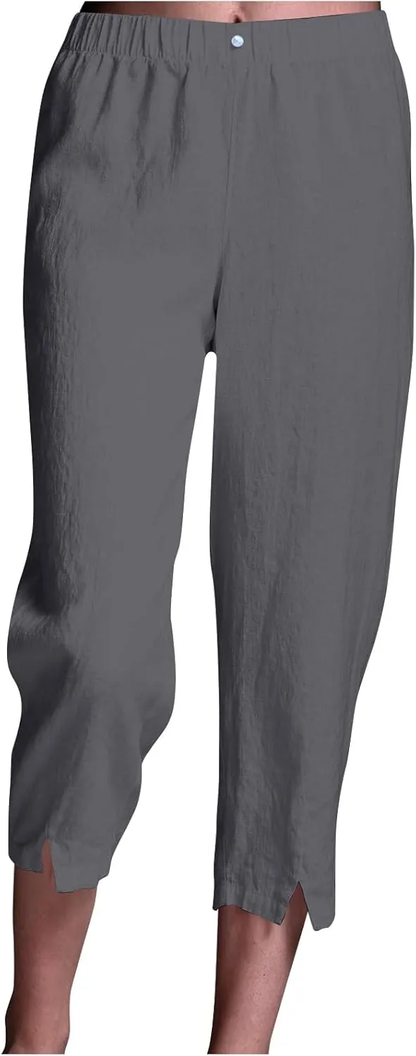 Cropped Trousers for Women Cotton Linen Capri Pants Elasticated Waist Wide Leg Trouser Summer Pant Plain Baggy Capris