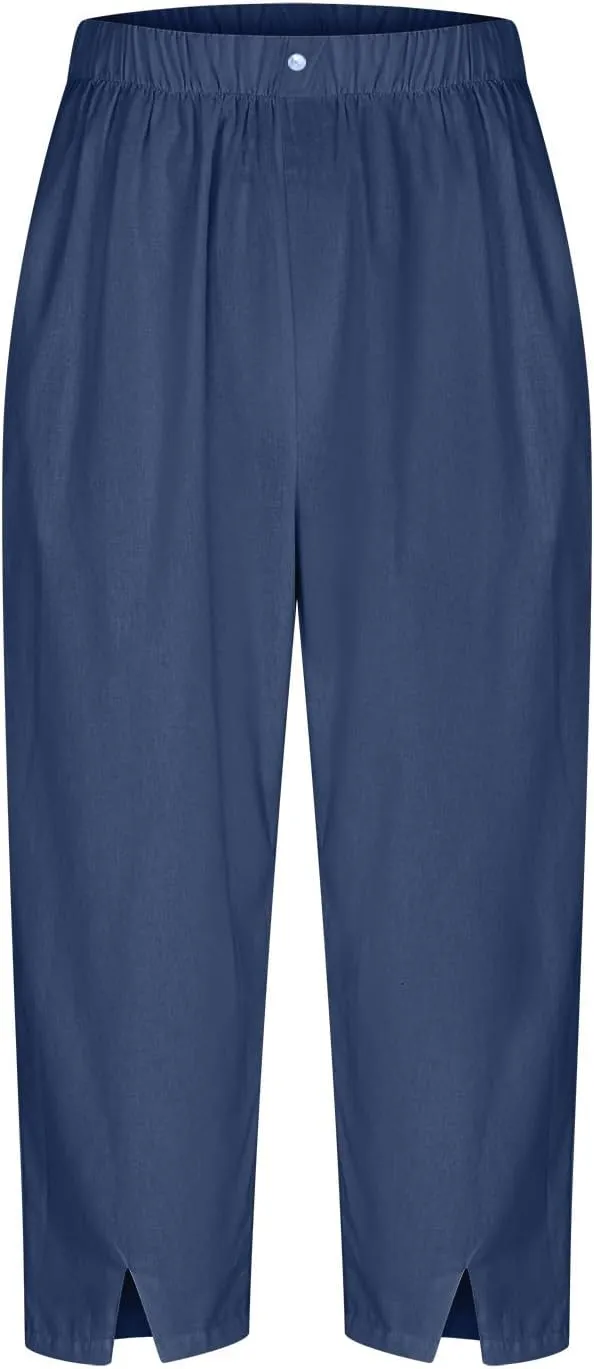 Cropped Trousers for Women Cotton Linen Capri Pants Elasticated Waist Wide Leg Trouser Summer Pant Plain Baggy Capris