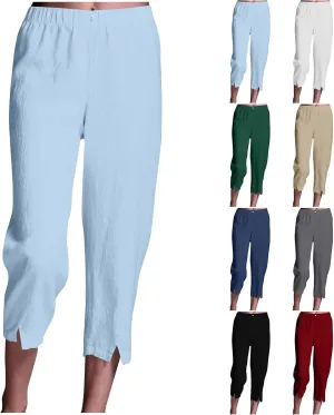 Cropped Trousers for Women Cotton Linen Capri Pants Elasticated Waist Wide Leg Trouser Summer Pant Plain Baggy Capris