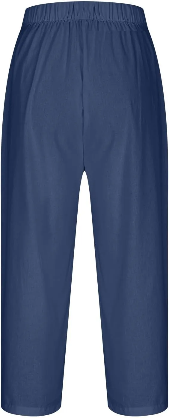 Cropped Trousers for Women Cotton Linen Capri Pants Elasticated Waist Wide Leg Trouser Summer Pant Plain Baggy Capris