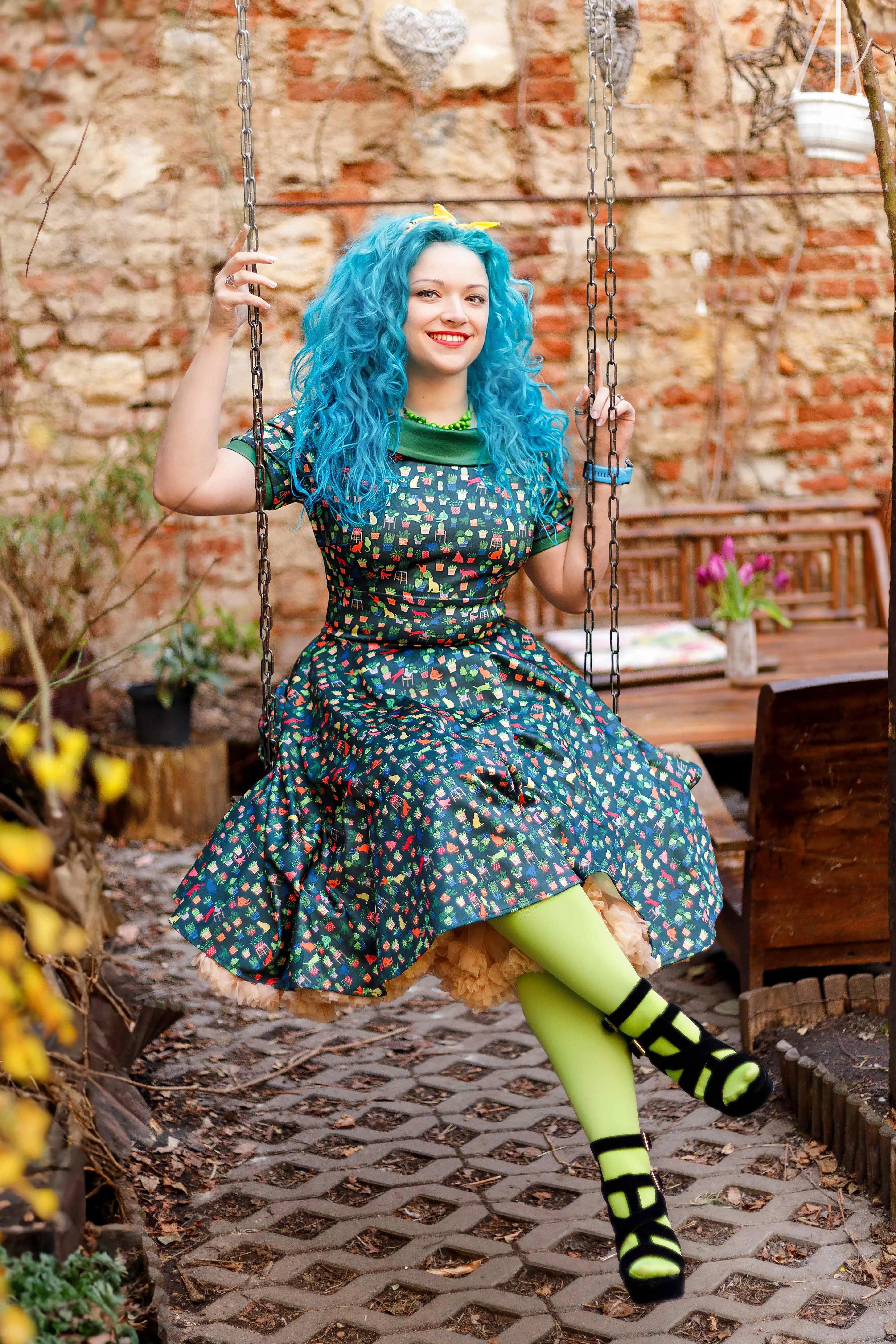 Darlene Cat & Plant Dress In Dark Green