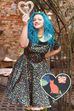 Darlene Cat & Plant Dress In Dark Green