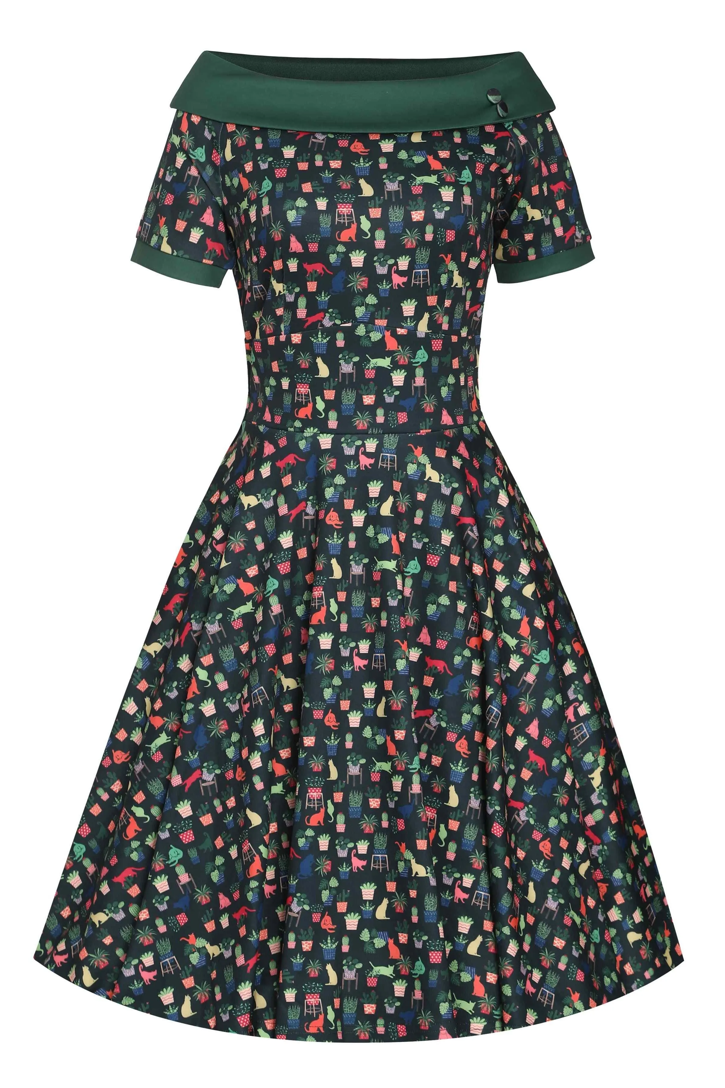 Darlene Cat & Plant Dress In Dark Green