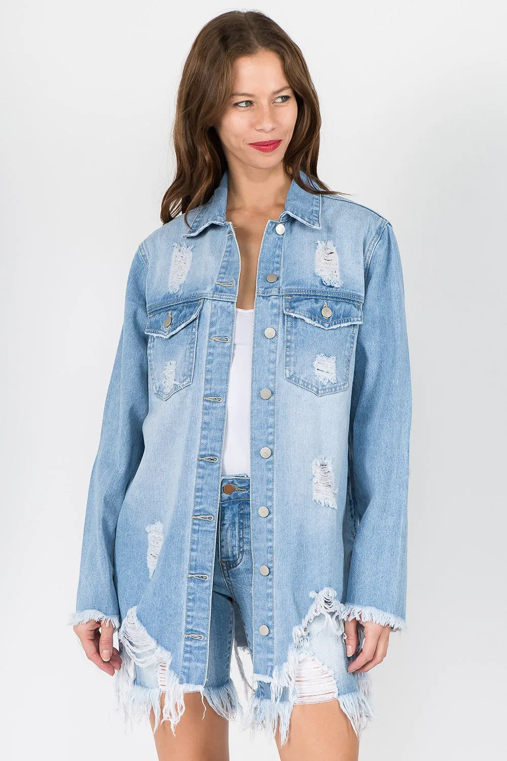 Distressed Frayed Hem Denim Shacket