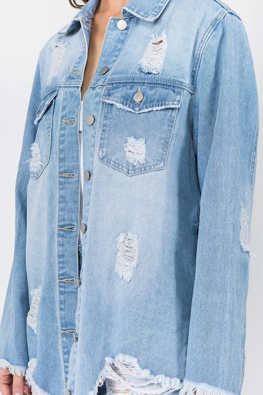 Distressed Frayed Hem Denim Shacket
