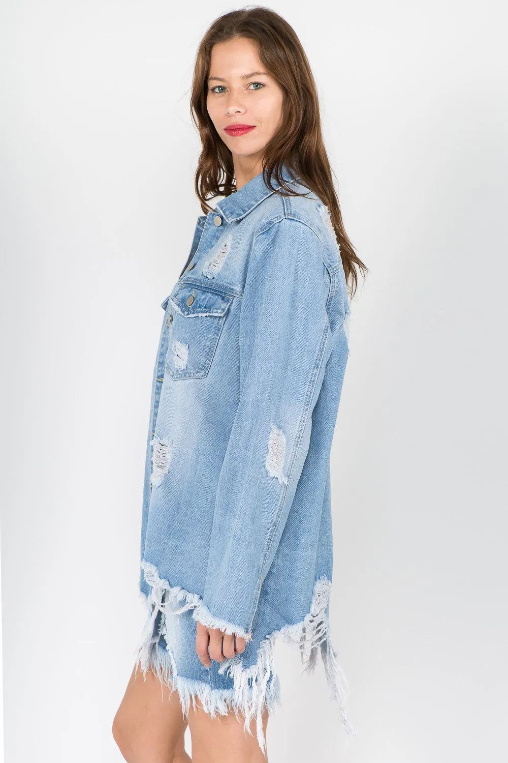 Distressed Frayed Hem Denim Shacket