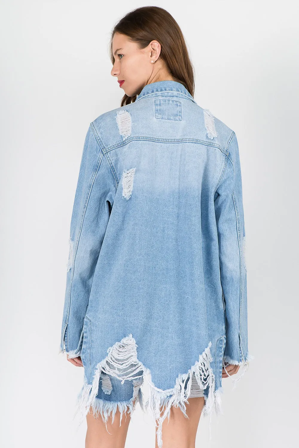 Distressed Frayed Hem Denim Shacket