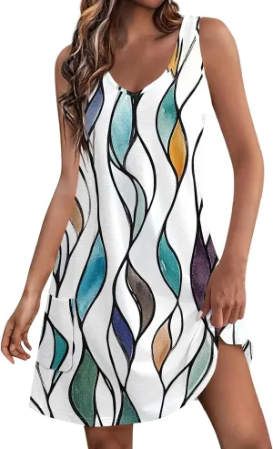 DPKLAD Summer Dresses for Women 2025 Casual Loose Sleeveless Sundresses Beach Dress Solid Dresses with Pockets