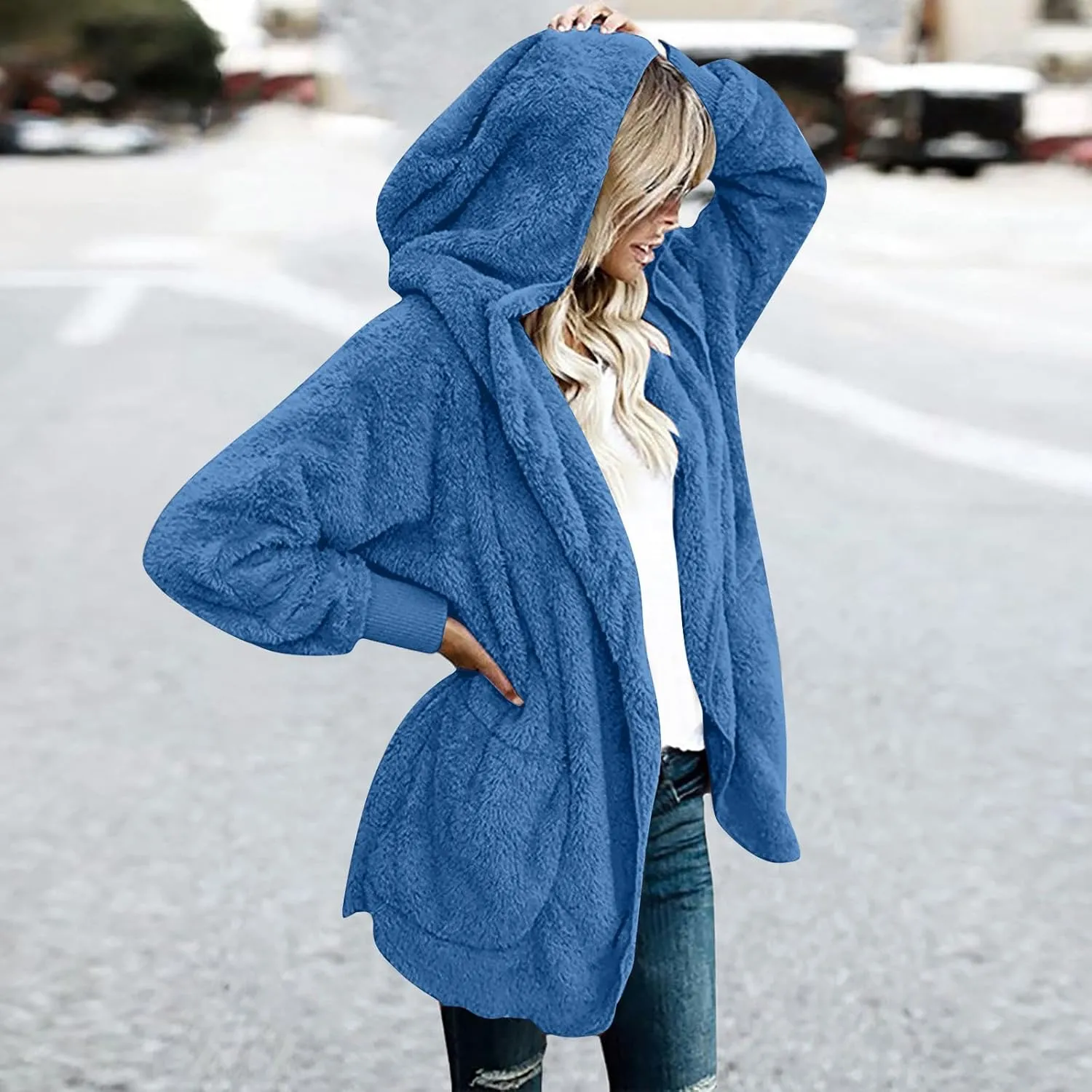 Fall Winter Cardigan Coats for Women Fuzzy Open Front Hooded Jackets Flannel Lightweight Fluffy Outerwear