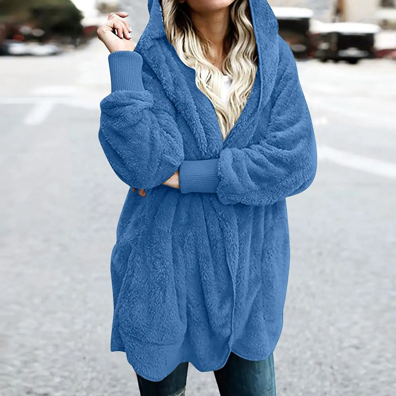 Fall Winter Cardigan Coats for Women Fuzzy Open Front Hooded Jackets Flannel Lightweight Fluffy Outerwear