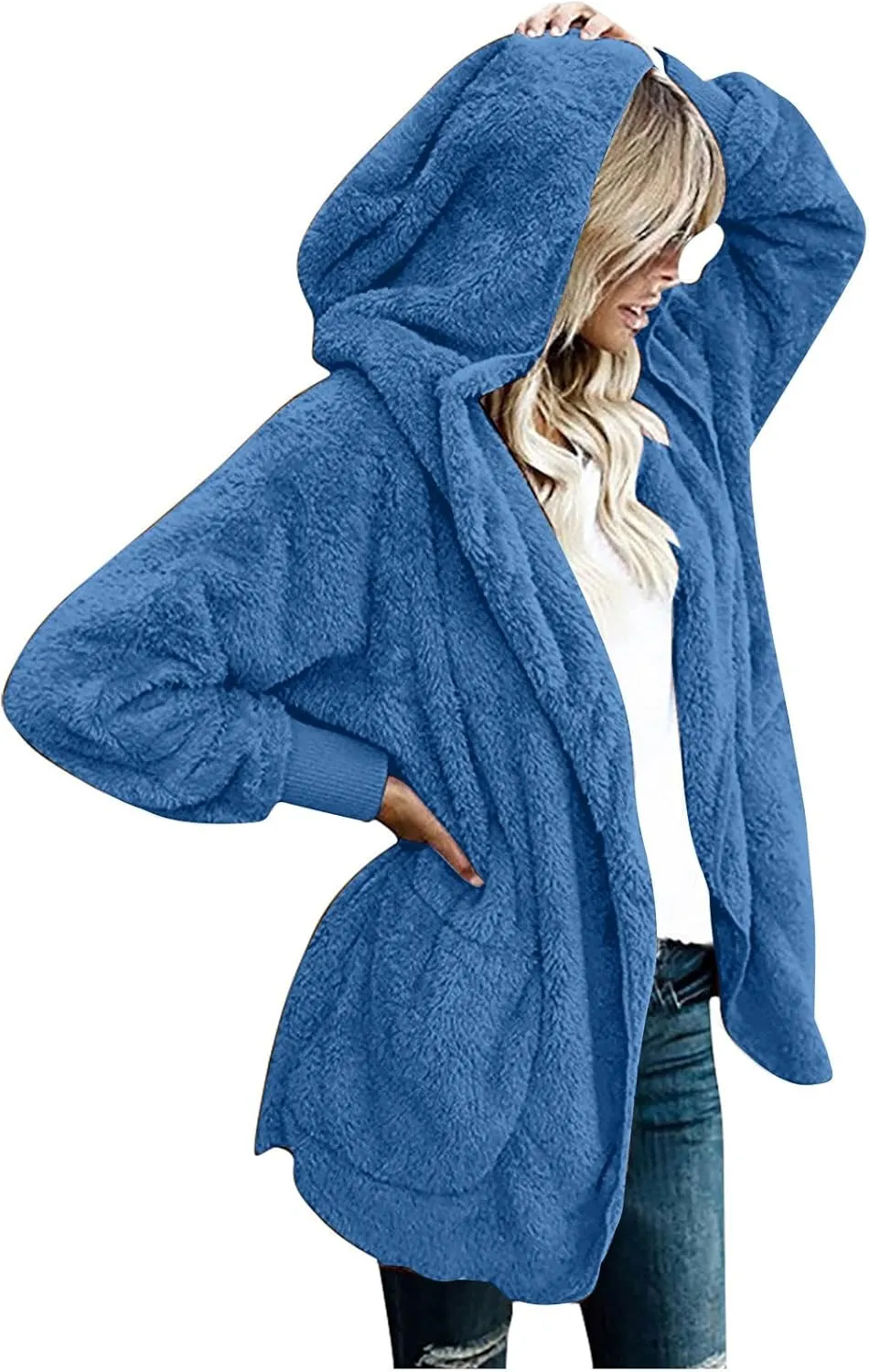 Fall Winter Cardigan Coats for Women Fuzzy Open Front Hooded Jackets Flannel Lightweight Fluffy Outerwear