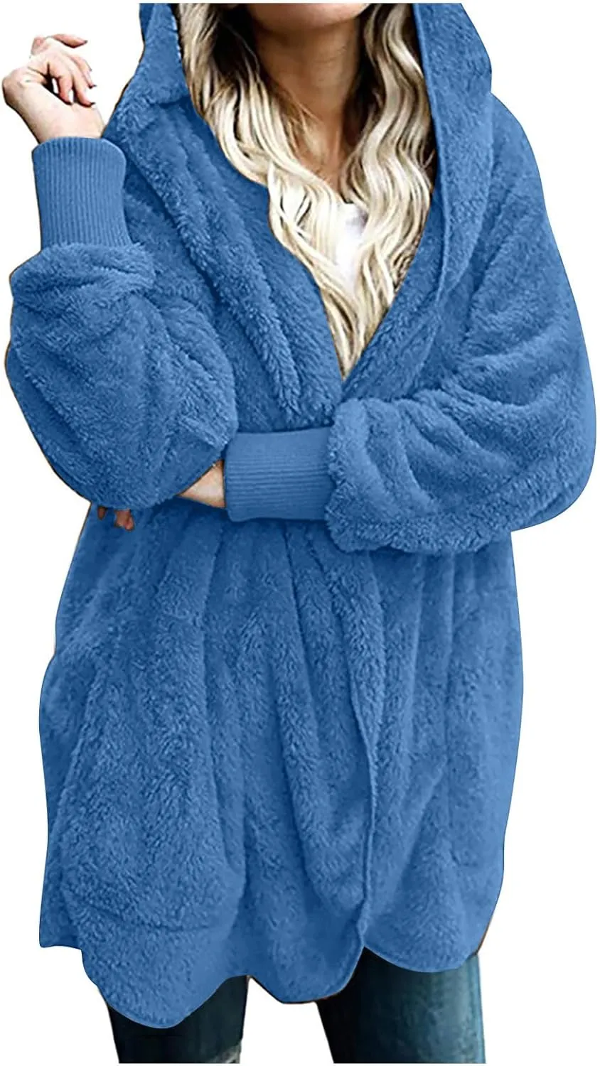 Fall Winter Cardigan Coats for Women Fuzzy Open Front Hooded Jackets Flannel Lightweight Fluffy Outerwear