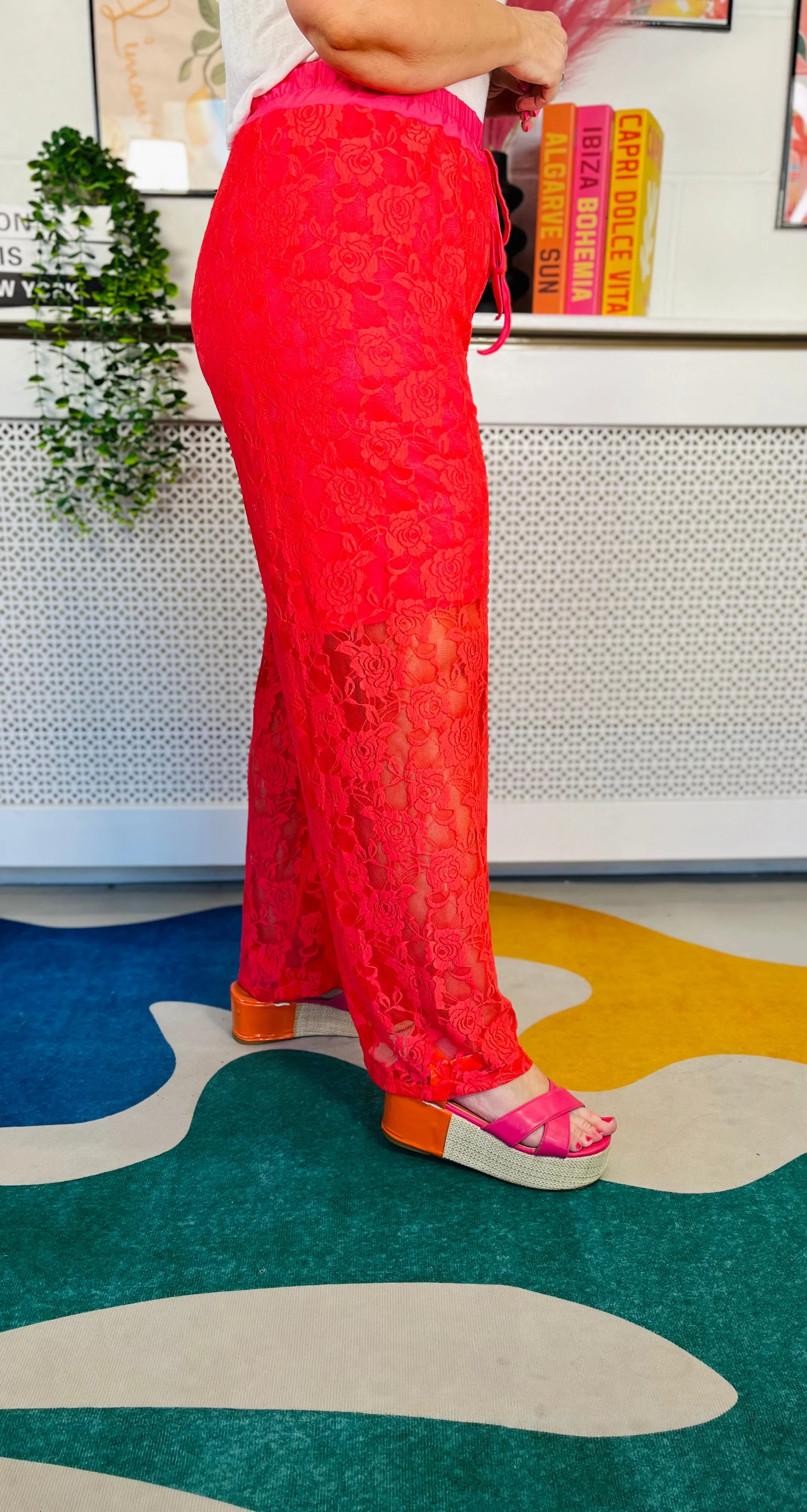 Glam Up Lace Trousers - Coral Punch