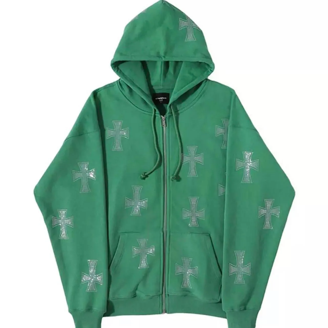 Green Cross Rhinestone Grunge Zip Hoodie