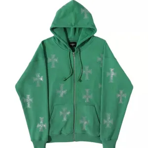 Green Cross Rhinestone Grunge Zip Hoodie
