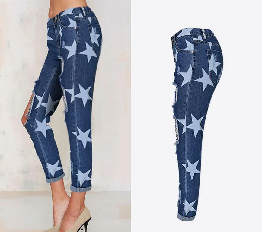 Holes Star Printed Beggar Casual Straight Jeans