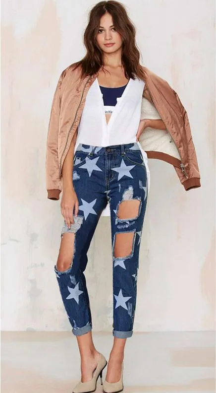 Holes Star Printed Beggar Casual Straight Jeans