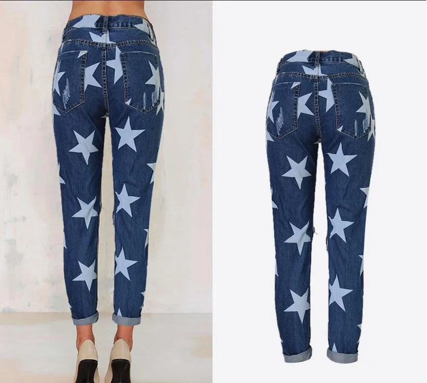 Holes Star Printed Beggar Casual Straight Jeans