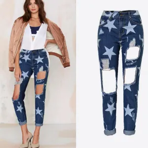 Holes Star Printed Beggar Casual Straight Jeans