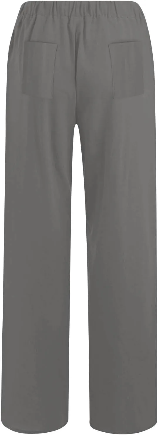 Linen Pants for Women Summer Solid Elastic Waist Wide Leg Loose Casual Vacation Beach Gauze Palazzo Pant with Pockets
