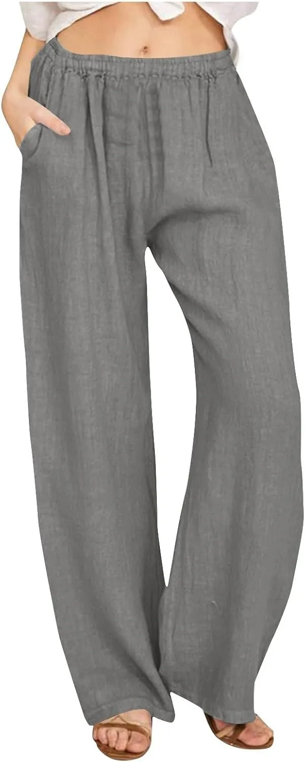Linen Pants for Women Summer Solid Elastic Waist Wide Leg Loose Casual Vacation Beach Gauze Palazzo Pant with Pockets
