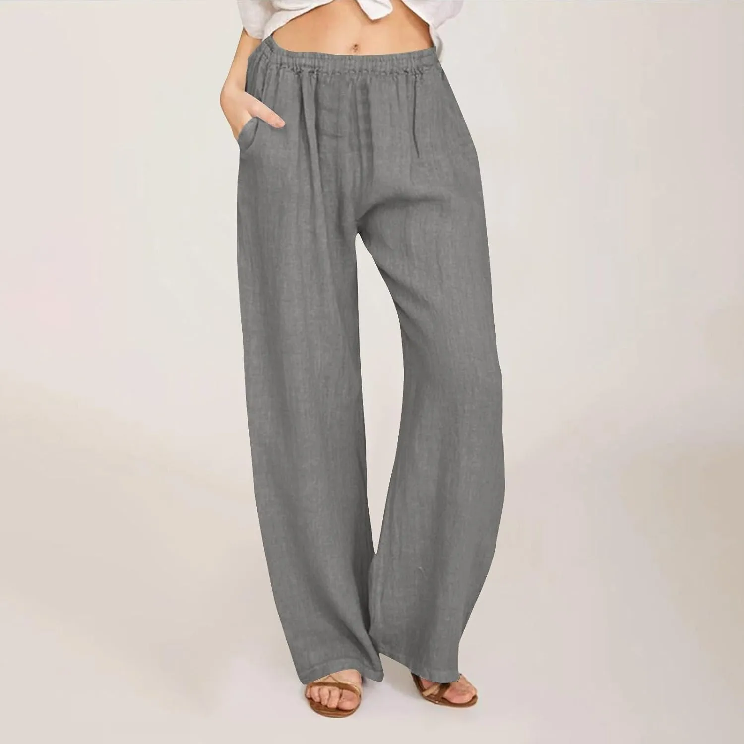 Linen Pants for Women Summer Solid Elastic Waist Wide Leg Loose Casual Vacation Beach Gauze Palazzo Pant with Pockets