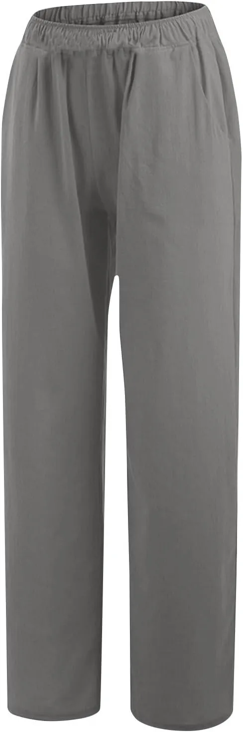 Linen Pants for Women Summer Solid Elastic Waist Wide Leg Loose Casual Vacation Beach Gauze Palazzo Pant with Pockets