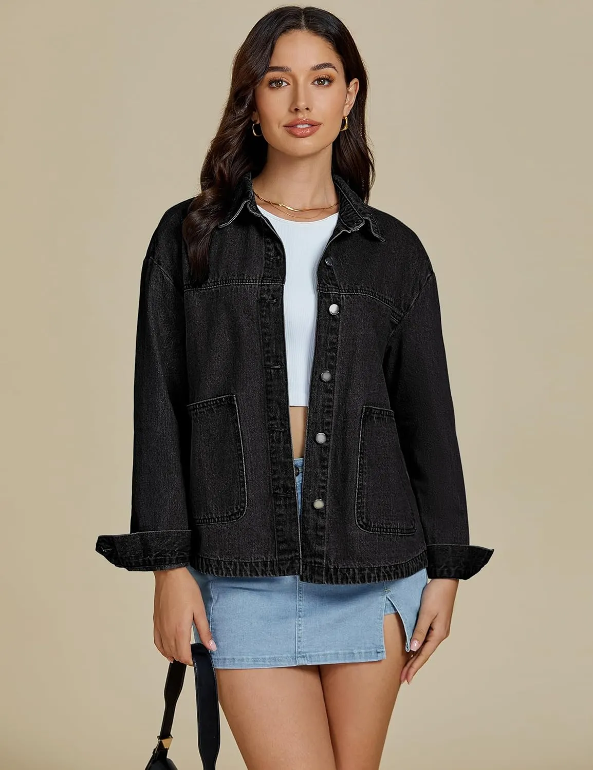luvamia Denim Jackets for Women Trendy Oversized Long Sleeve Button Down Jean Jacket Casual Shacket with Patch Pockets