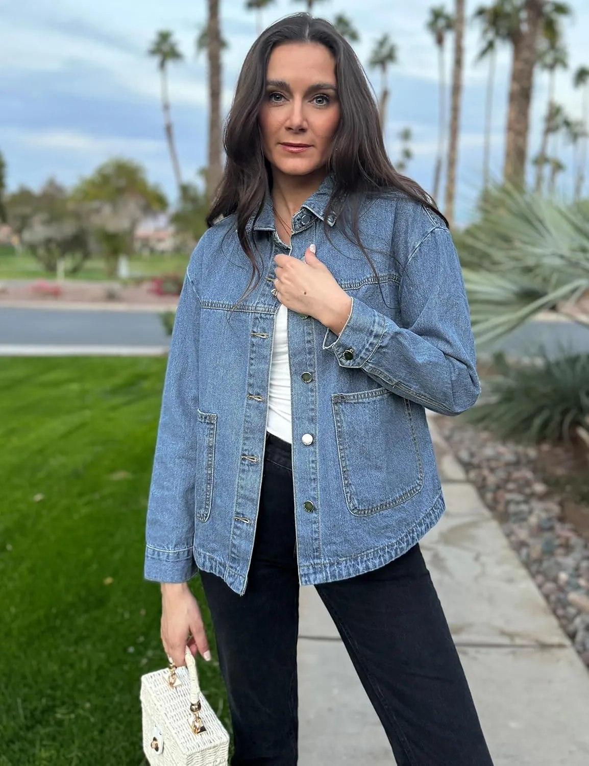 luvamia Denim Jackets for Women Trendy Oversized Long Sleeve Button Down Jean Jacket Casual Shacket with Patch Pockets