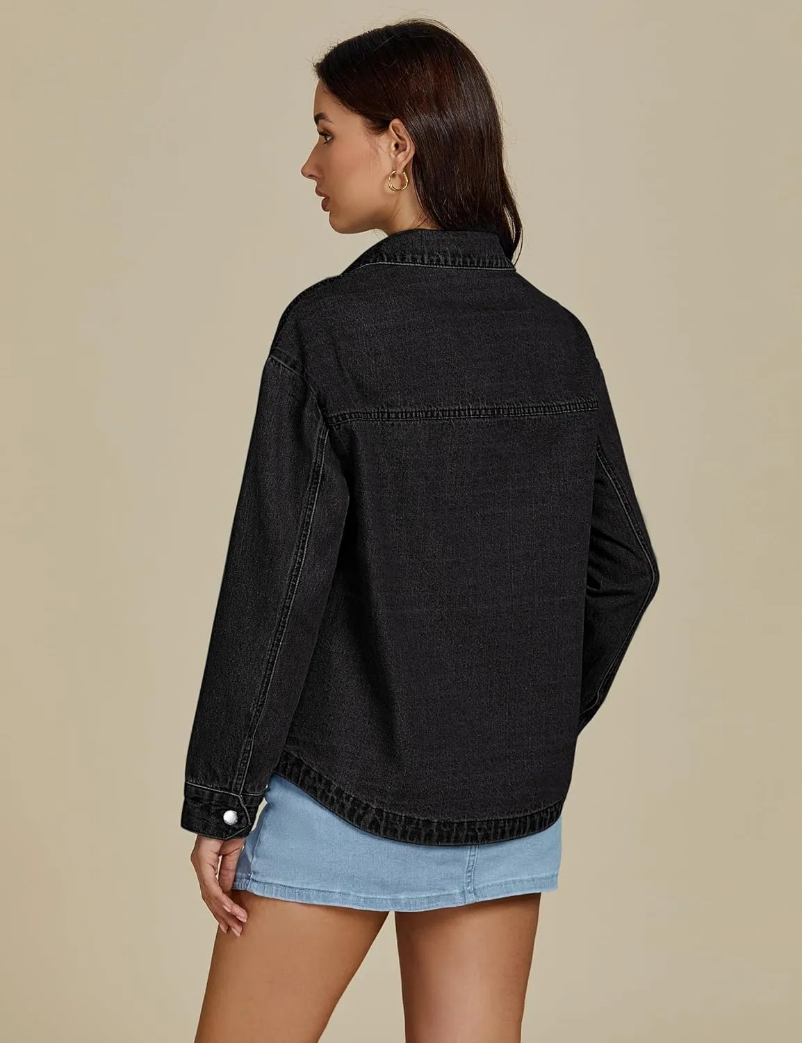 luvamia Denim Jackets for Women Trendy Oversized Long Sleeve Button Down Jean Jacket Casual Shacket with Patch Pockets