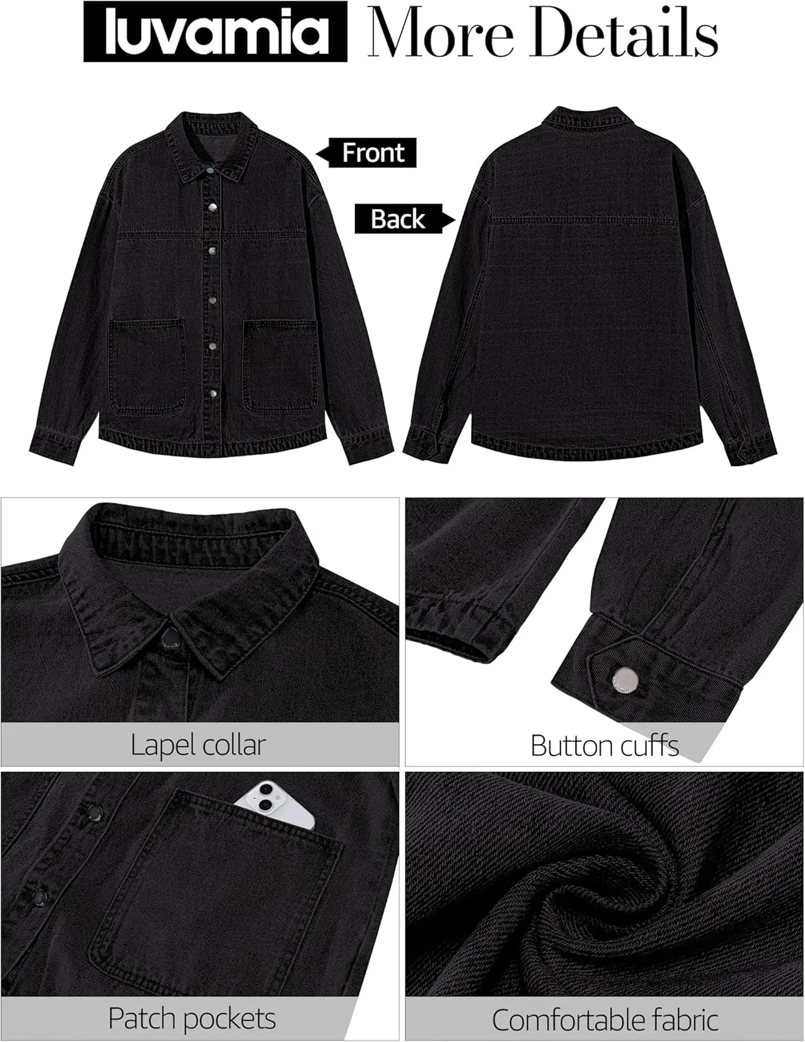 luvamia Denim Jackets for Women Trendy Oversized Long Sleeve Button Down Jean Jacket Casual Shacket with Patch Pockets