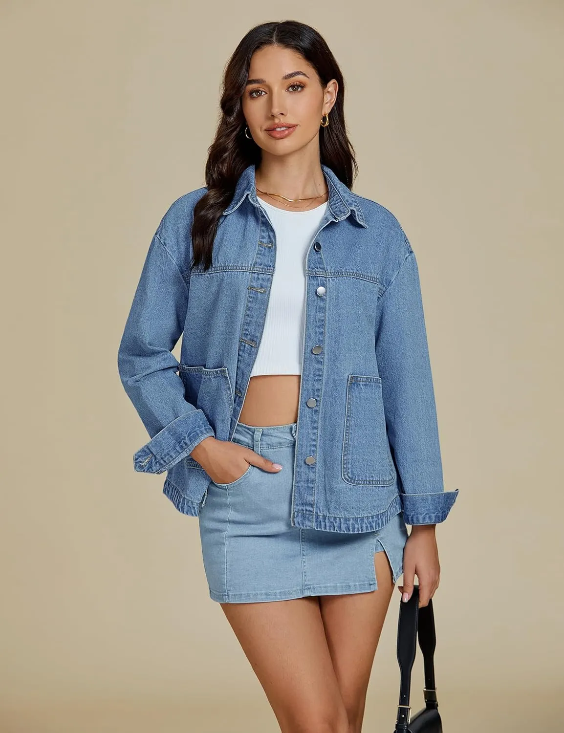 luvamia Denim Jackets for Women Trendy Oversized Long Sleeve Button Down Jean Jacket Casual Shacket with Patch Pockets