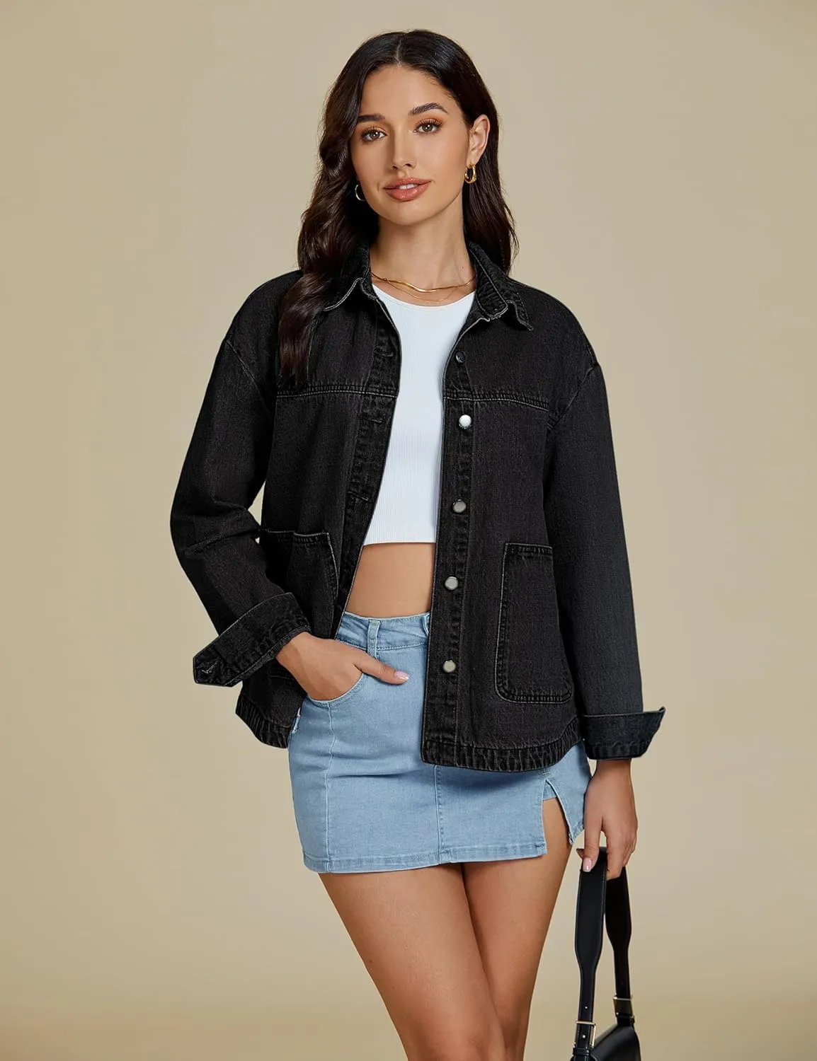 luvamia Denim Jackets for Women Trendy Oversized Long Sleeve Button Down Jean Jacket Casual Shacket with Patch Pockets