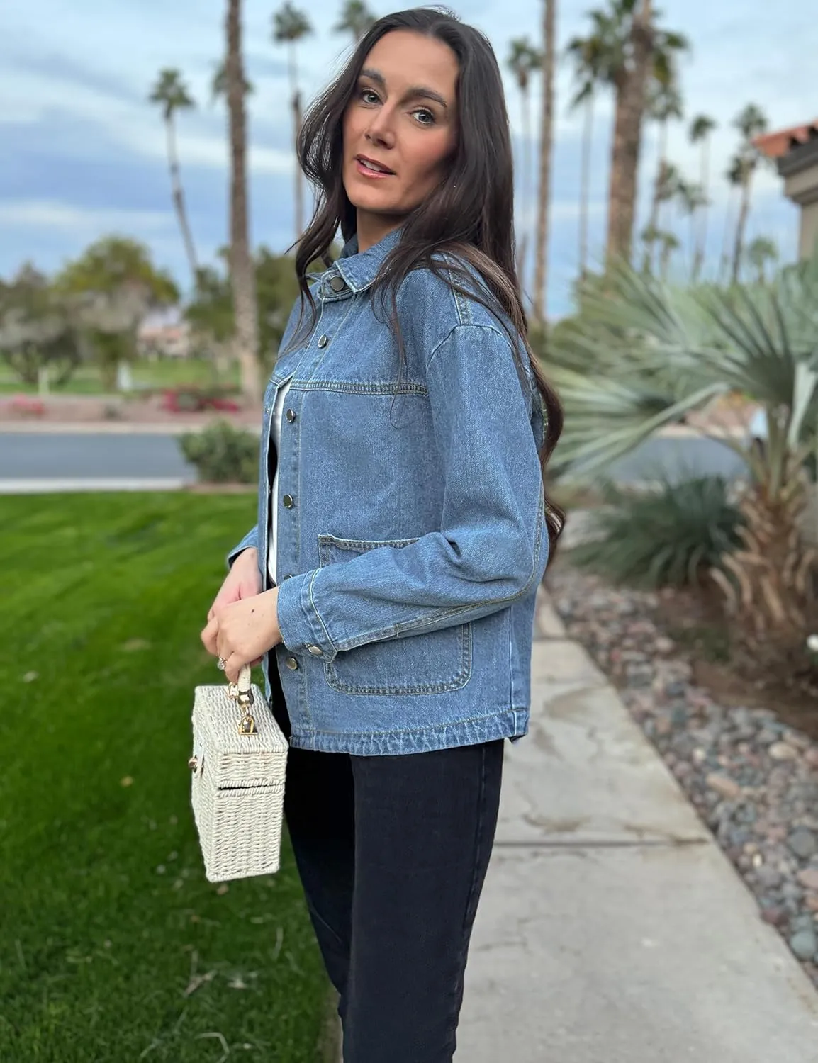 luvamia Denim Jackets for Women Trendy Oversized Long Sleeve Button Down Jean Jacket Casual Shacket with Patch Pockets